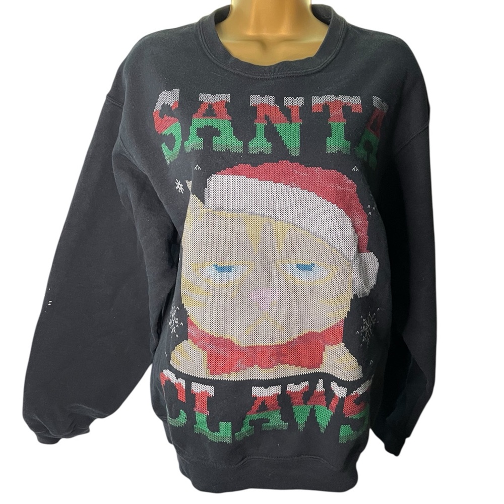 Jerzees Christmas Graphic Sweatshirt Santa Claws Cat Holiday Print Black M